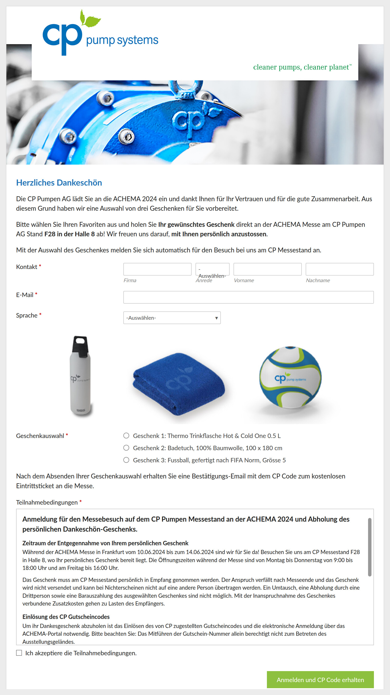 Anmeldeformular zur ACHEMA 2024 mit Geschenkwahl