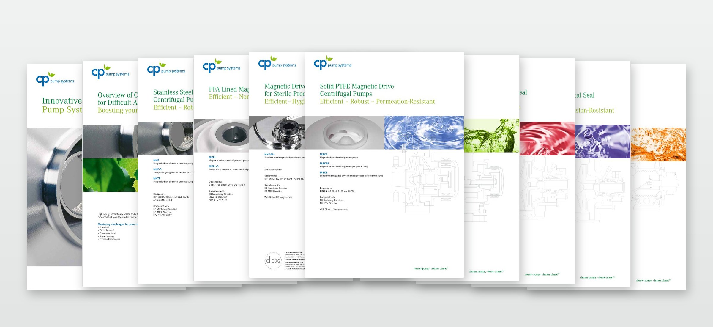 Die zehn Broschüren von CP Pump Systems nebeneinander: Company Profile, Sortiment und acht Produktbroschüren