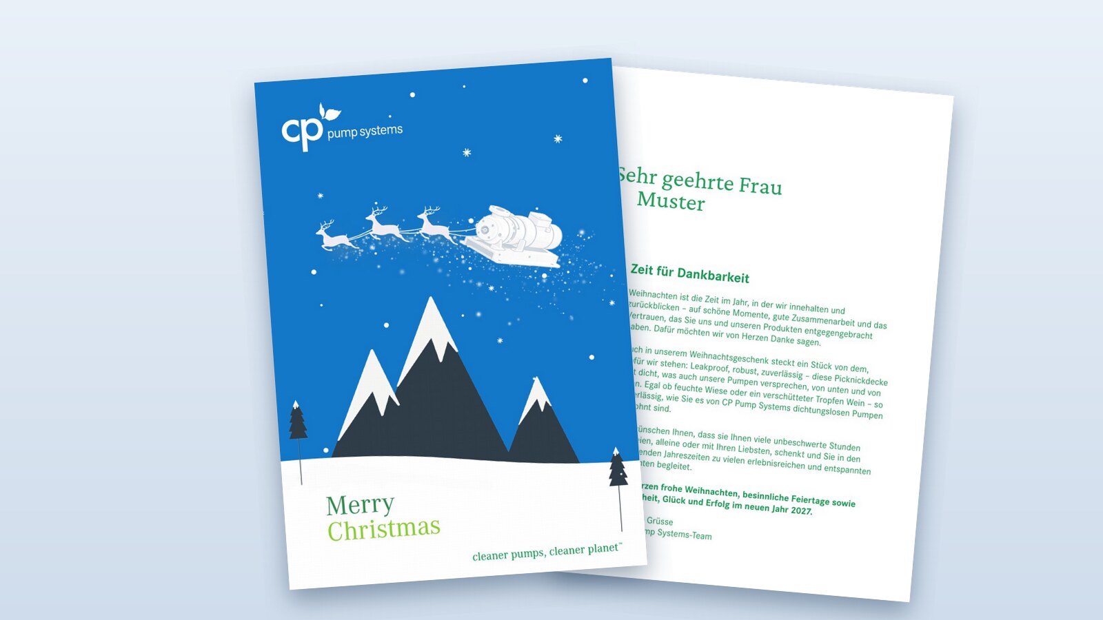 Weihnachtskarte 2026: Vorderseite mit Rentierschlitten und CP-Pumpe, daneben die Innenseite